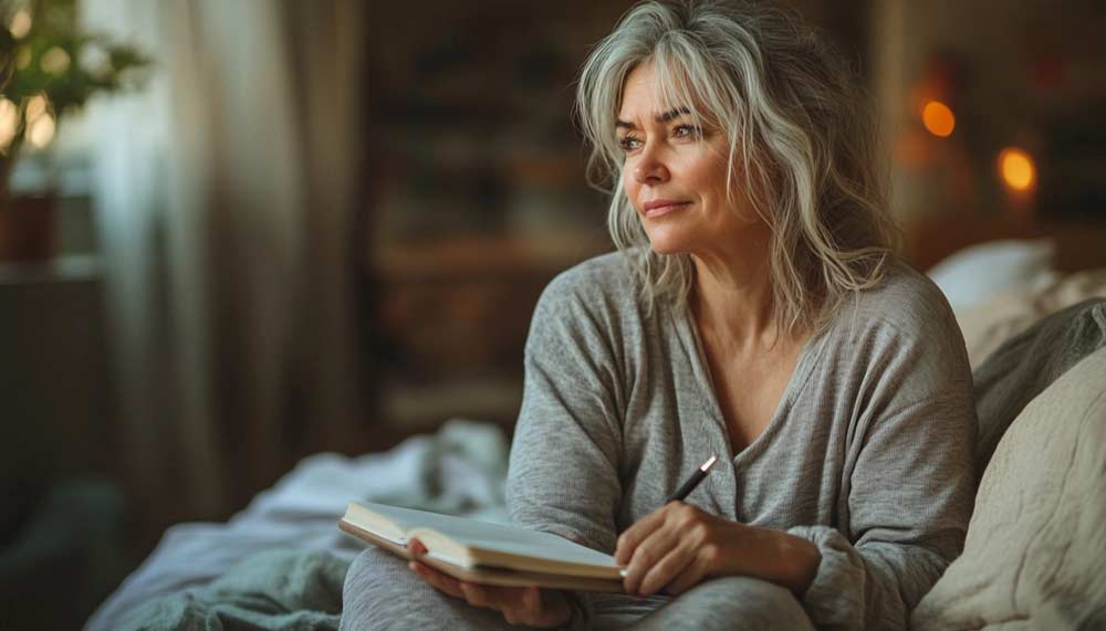 Femme entre 55 et 60 ans, assise sur le bord de son lit, regard pensif, un carnet sur les genoux, exprimant le doute, la réflexion et les croyances limitantes qui freinent la perte de poids après 50 ans, lien entre mental, émotions et difficulté à maigrir durablement.
