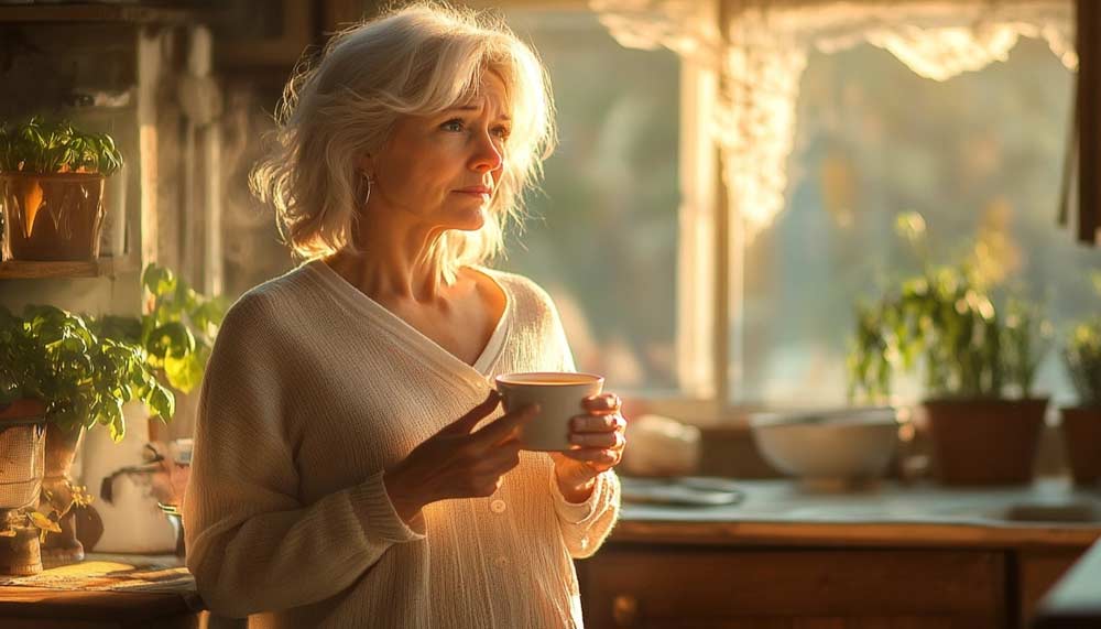 Femme d'environ 55 ans en léger surpoids, triste et l’air préoccupé, tenant une tasse de thé dans une cuisine lumineuse, illustrant la charge mentale et l’impact du stress psychologique sur la perte de poids après 50 ans, les émotions refoulées et les croyances limitantes liées à l’image corporelle.