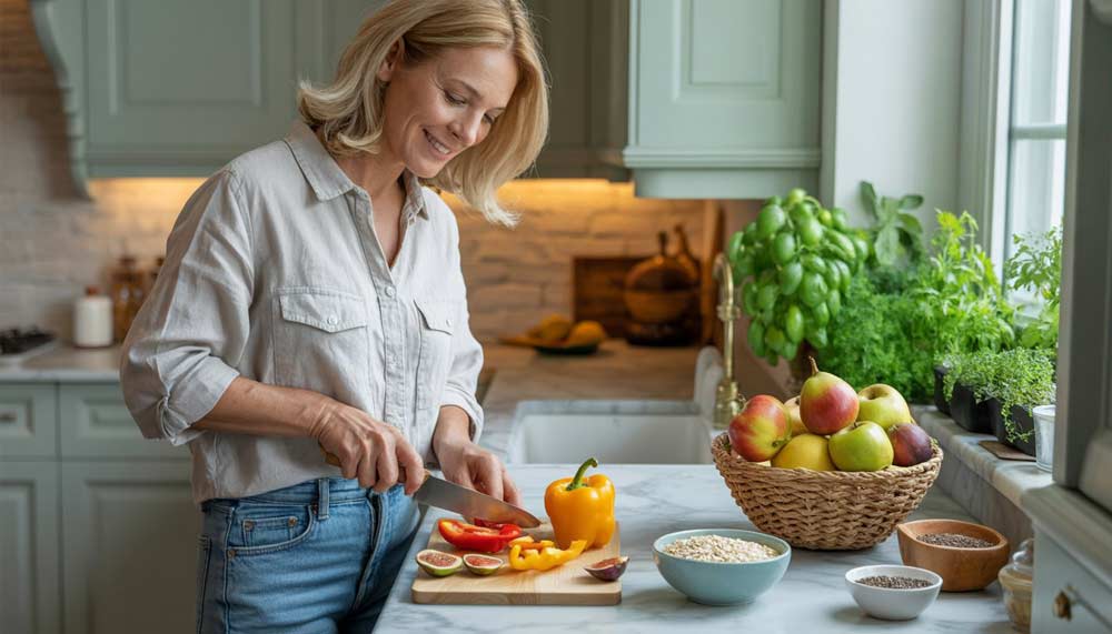 Femme blonde d’environ 55 ans souriante et heureuse de préparer  un repas riche en fibres alimentaires dans sa cuisine lumineuse, avec des flocons d’avoine, des fruits frais et des légumes. Une alimentation naturelle et équilibrée permet d'améliorer la digestion, la satiété et l’énergie après 50 ans.