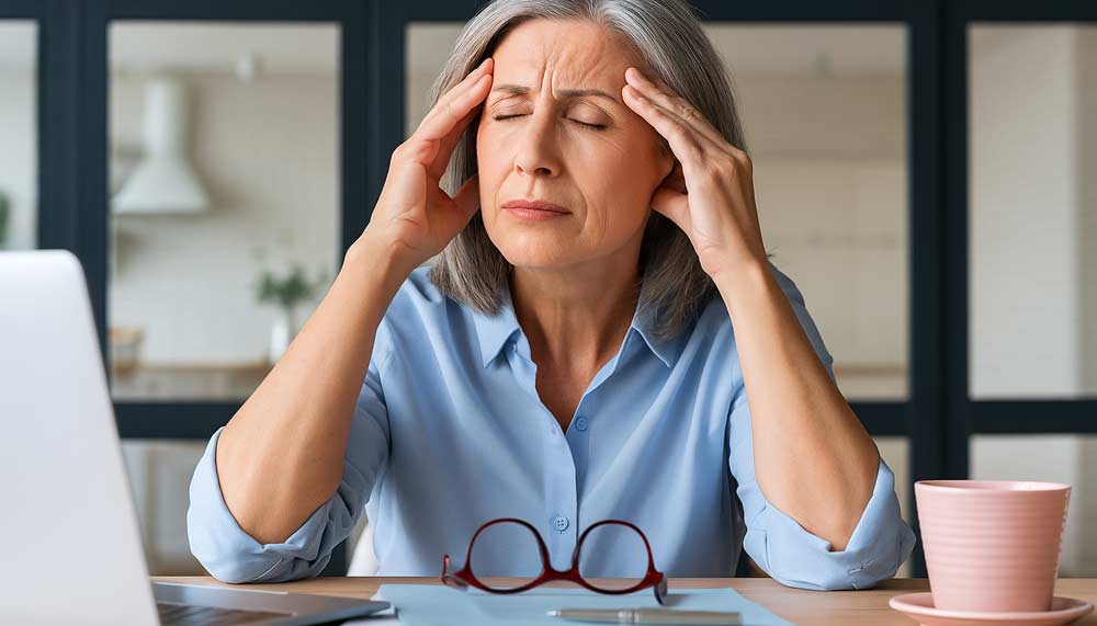 Femme de 50 ou 55 ans en chemise bleue, assise devant un ordinateur, les yeux fermés et les mains sur les tempes, exprimant un mal de tête intense. Les changements hormonaux ont des conséquences parfois inattendues.
