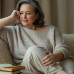 Femme de 50 ans en léger surpoids assise sur un canapé, en pleine introspection, avec un air fatigué et pensif, évoquant le lien entre perte de poids et mental, les croyances limitantes, la charge mentale et les blocages émotionnels liés au corps après 50 ans