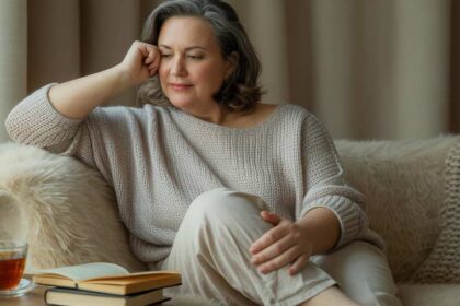 Femme de 50 ans en léger surpoids assise sur un canapé, en pleine introspection, avec un air fatigué et pensif, évoquant le lien entre perte de poids et mental, les croyances limitantes, la charge mentale et les blocages émotionnels liés au corps après 50 ans