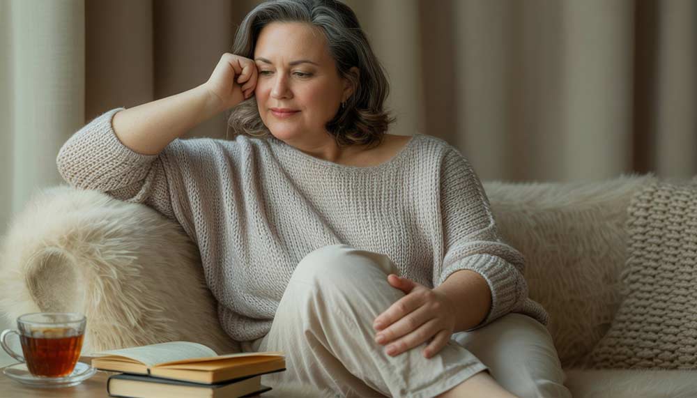 Femme de 50 ans en léger surpoids assise sur un canapé, en pleine introspection, avec un air fatigué et pensif, évoquant le lien entre perte de poids et mental, les croyances limitantes, la charge mentale et les blocages émotionnels liés au corps après 50 ans