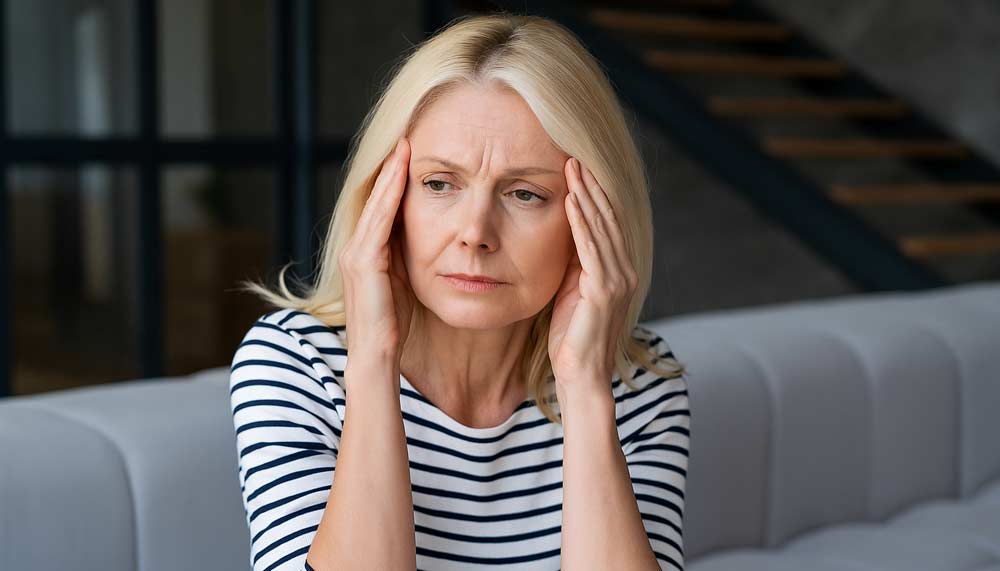 Femme d’environ 50 ans sur un canapé dans son salon, les mains sur les tempes et l’air préoccupé par ses pertes de mémoire et ce brouillard cérébral, des symptômes fréquents de la ménopause chez les femmes.