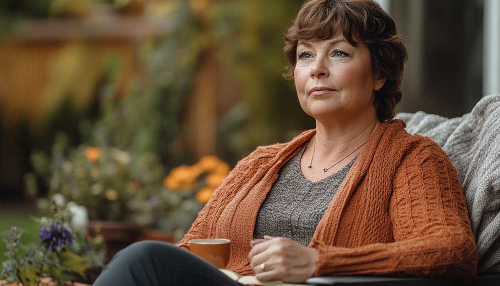 Femme entre 55 et 60 ans assise seule dans un fauteuil dans son jardin, avec une expression songeuse, illustrant les doutes et les pièges mentaux à éviter pour rester motivée dans un processus de perte de poids. Ambiance chaleureuse, lumière naturelle douce, atmosphère de réflexion intérieure liée au lien entre mental et transformation physique.