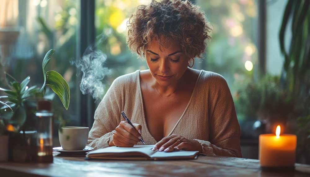 Femme d'environ 55 ans en train d’écrire dans un carnet à une table, ambiance chaleureuse et calme, moment d’introspection et de recentrage. Les premières étapes pour reprogrammer son mental, lien entre habitudes quotidiennes et transformation intérieure.