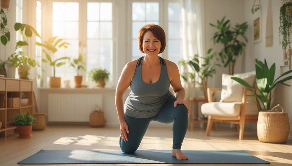 Femme active d’une cinquantaine d’années en tenue de sport, effectuant des mouvements de renforcement musculaire sur un tapis dans son salon lumineux et cosy. Ces exercices pour brûler les graisses à faire à la maison, permettent de stimuler le métabolisme, améliorer la posture, favoriser l’oxygénation et retrouver de l’énergie sans pression.