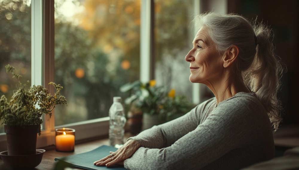 Femme mature assise paisiblement près d’une fenêtre, entourée de plantes et d’une bougie allumée, en posture de repos après une séance. Cette image évoque les bienfaits émotionnels et mentaux des exercices physiques : relâchement du stress, reconnexion à soi et amélioration de l’humeur.