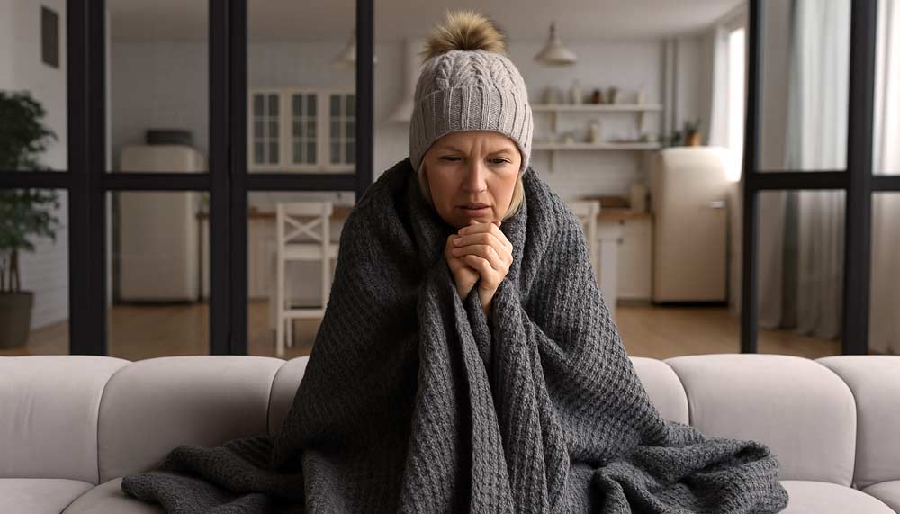 Femme d'environ 55 ans emmitouflée dans un plaid avec un bonnet sur la tête, assise sur le canapé de son salon, La sensation de froid inexpliquée, est un des signes courant mais méconnu de cette période de transition hormonale.
