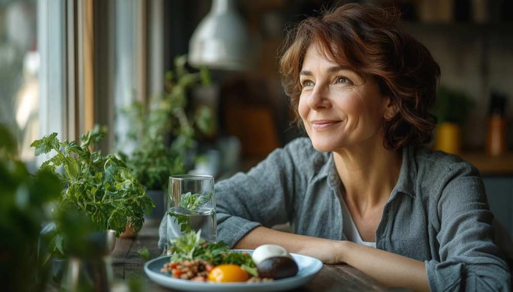 Femme brune aux cheveux courts entre 50 à 55 ans devant un repas équilibré dans sa cuisine lumineuse, incarnant une alimentation structurée et bienveillante pour éviter les fringales, stabiliser son énergie, limiter les grignotages et renouer avec une relation apaisée à la nourriture.

