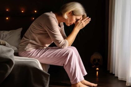 Femme d'environ 50 ou 55 ans assise sur son lit en pleine nuit, visiblement fatiguée et anxieuse du aux symptômes de la ménopause. L’insomnie, le stress et la fatigue émotionnelle empêche souvent le nuit réellement réparatrices.