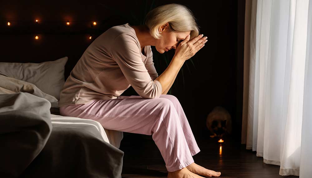 Femme d'environ 50 ou 55 ans assise sur son lit en pleine nuit, visiblement fatiguée et anxieuse du aux symptômes de la ménopause. L’insomnie, le stress et la fatigue émotionnelle empêche souvent le nuit réellement réparatrices.