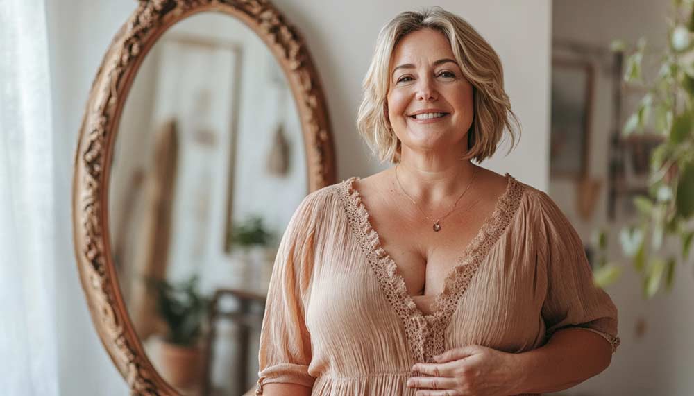 Femme d’environ 50 ou 55 ans debout à côté d'un miroir, avec un grand sourire dans une chambre paisible, représentant le lien entre image de soi dans une démarche de réconciliation corporelle et d’acceptation de soi après 50 ans.
