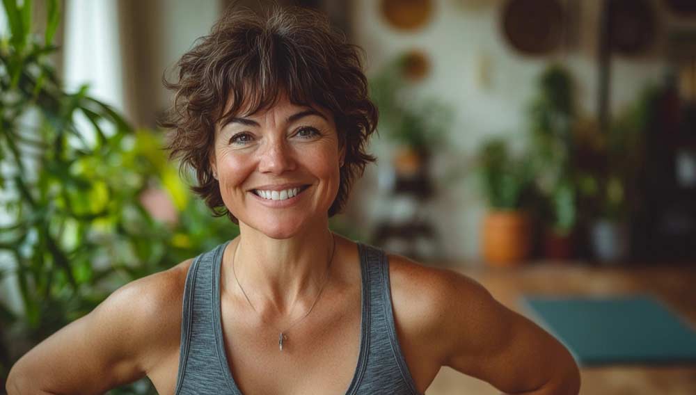 Femme souriante en tenue de sport, dans un intérieur chaleureux entouré de plantes vertes, incarnant la joie et la confiance retrouvée après une séance d’exercices physique. 