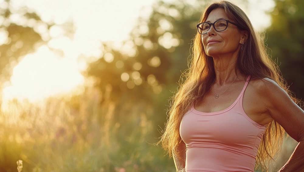 Femme souriante d’une soixantaine d’années en tenue de sport rose, debout dans un jardin ensoleillé au petit matin., Elle se prépare à effectuer ses exercices avec la motivation et l'objectif clair de perdre le gras de son ventre.