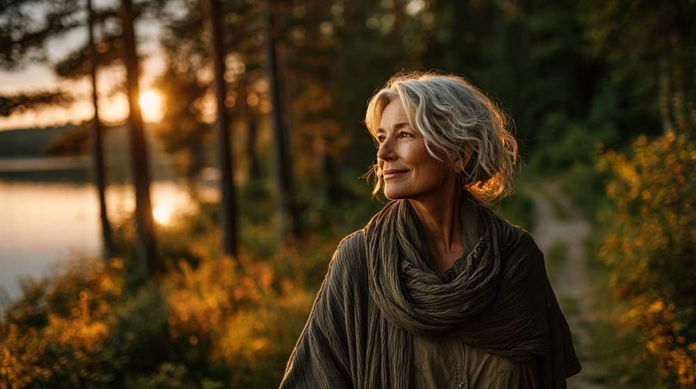 Femme d'environ 60 ans souriante,  marchant avec sérénité sur un chemin au bord d'un lac au coucher du soleil, incarnant le retour à l’équilibre et l’importance du mouvement doux pour perdre du poids durablement