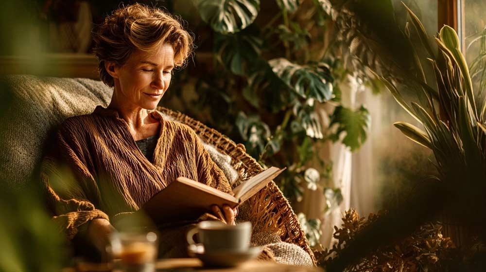 Femme élégante de 50 ou 55 ans, assise dans un salon lumineux avec des plantes vertes en train de lire paisiblement avec une tasse de thé, incarnant l’importance de la sérénité, du bien-être mental et de l’équilibre émotionnel pour perdre du poids après 50 ans.