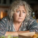 Femme d'environ 55 ou 60 ans en surpoids, fatiguée et démoralisée face à un plat de régime tout prêt. Son expression illustre l’épuisement lié à l’effet yoyo, la reprise de poids et l’échec des régimes miracles et restrictifs.,
