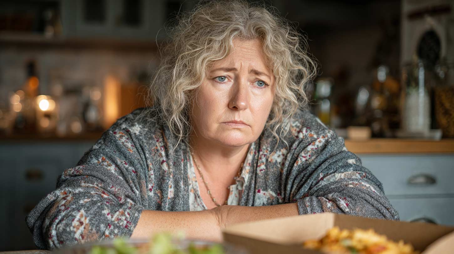 Femme d'environ 55 ou 60 ans en surpoids, fatiguée et démoralisée face à un plat de régime tout prêt. Son expression illustre l’épuisement lié à l’effet yoyo, la reprise de poids et l’échec des régimes miracles et restrictifs.,