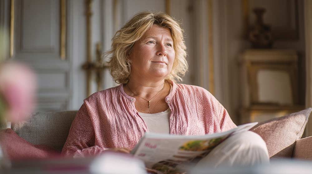 Femme d'environ 60 ans, en surpoids, assise dans un salon moderne, tenant un flyer de régime rapide, illustrant l’effet yoyo, la reprise de poids, et la perte de confiance liée aux régimes à la mode et aux promesses irréalistes