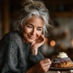 Femme d’environ 50 ou 55 ans souriante, assise dans une salle à manger chaleureuse, regardant avec envie une pâtisserie sucrée et sur le point de la déguster avec gourmandise, illustrant la tentation et les défis à relever pour arrêter le sucre durablement après 50 ans.