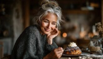 Femme d’environ 50 ou 55 ans souriante, assise dans une salle à manger chaleureuse, regardant avec envie une pâtisserie sucrée et sur le point de la déguster avec gourmandise, illustrant la tentation et les défis à relever pour arrêter le sucre durablement après 50 ans.