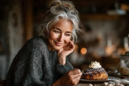 Femme d’environ 50 ou 55 ans souriante, assise dans une salle à manger chaleureuse, regardant avec envie une pâtisserie sucrée et sur le point de la déguster avec gourmandise, illustrant la tentation et les défis à relever pour arrêter le sucre durablement après 50 ans.