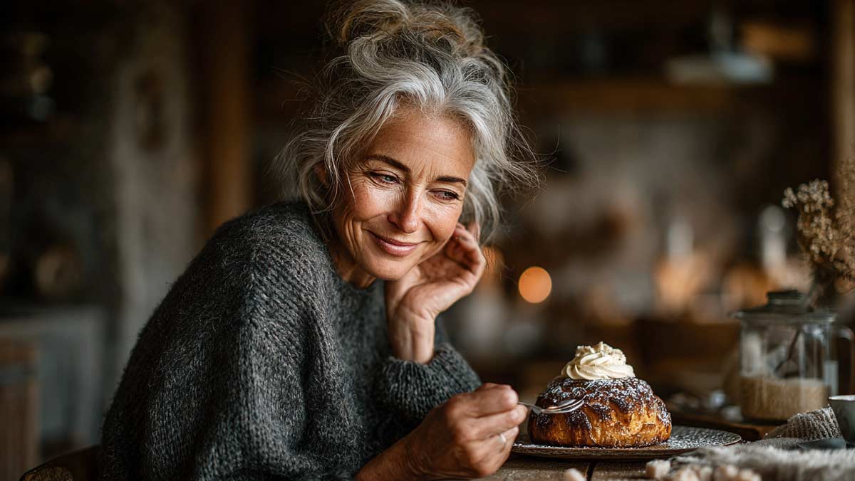 Femme d’environ 50 ou 55 ans souriante, assise dans une salle à manger chaleureuse, regardant avec envie une pâtisserie sucrée et sur le point de la déguster avec gourmandise, illustrant la tentation et les défis à relever pour arrêter le sucre durablement après 50 ans.