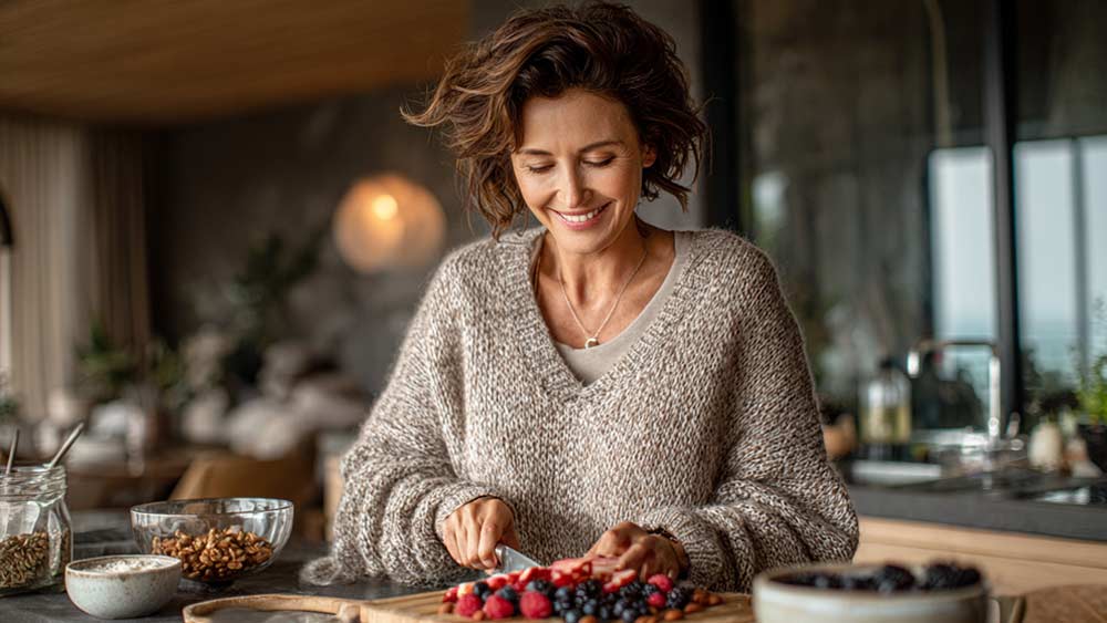 Femme entre 50 et 55 ans souriante dans une cuisine moderne et lumineuse, en train de préparer un petit déjeuner à base de fruits et de graines, illustrant une approche douce et progressive pour arrêter le sucre, retrouver son équilibre alimentaire et perdre du poids durablement après 50 ans.