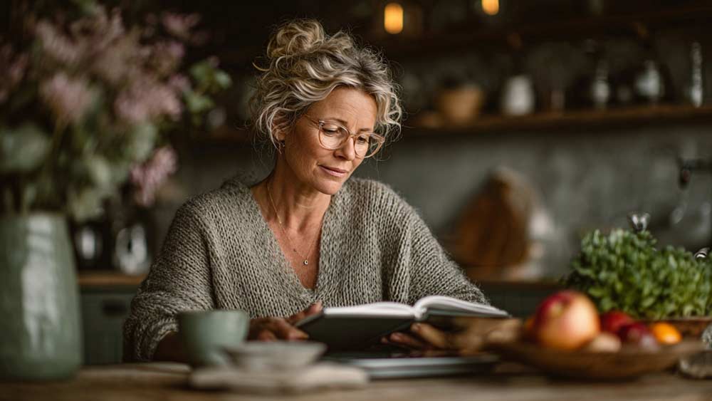 Femme de 55 ans environ dans sa cuisine lumineuse, concentrée sur la lecture d'un livre sur la nutrition, avec à ses côtés une tisane, des fruits frais, un carnet de santé et une balance alimentaire, symbolisant la prise de conscience nécessaire pour arrêter le sucre et perdre du poids durablement après 50 ans.