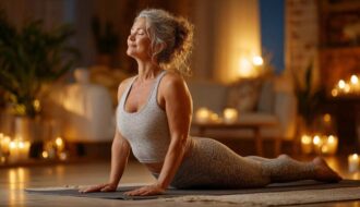 Femme de plus de 50 ans réalisant un étirement doux sur un tapis dans un salon chaleureux, buste relevé et regard serein. Cette routine simple permet de continuer de bouger après 50 ans, d'améliorer la mobilité de la colonne, de relâcher les tensions du dos et de retrouver énergie et bien-être au quotidien.