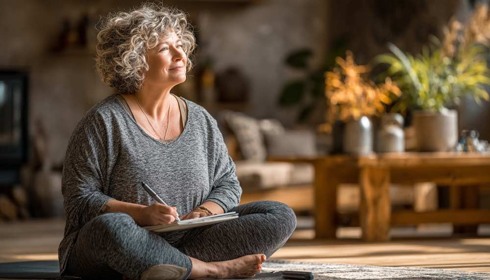 Femme de 50 ou 55 ans en surpoids, assise en tailleur dans un salon élégant et écrivant dans son carnet pour commencer un défi 7 jours. Son objectif est de reprendre le mouvement en s'engageant progressivement avec la mise en place d’une routine simple pour retrouver énergie et mobilité.