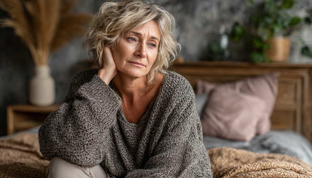 Femme d'environ 60 ans assise sur son lit dans sa chambre, triste, illustrant le cercle vicieux de la sédentarité et l’importance de bouger après 50 ans pour regagner mobilité, énergie et dynamisme dans le quotidien.