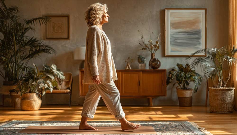Femme d'environ 60 ans en léger surpoids, debout dans un salon élégant, faisant un premier pas symbolique vers un tapis de yoga pour commencer une nouvelle routine. Bien décidée à reprendre le mouvement et à bouger après 50 ans, elle souhaite retrouver énergie, confiance et motivation grâce à la méthode des petits pas.