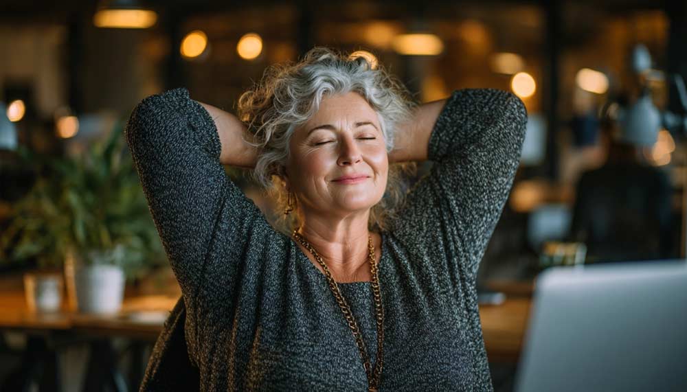 Femme d'environ 60 ans en surpoids, assise à son bureau dans un open-space moderne, s’étirant discrètement devant son ordinateur pendant que ses collègues travaillent en arrière-plan. Cette routine simple permet de bouger après 50 ans, et ainsi réduire la sédentarité et activer le corps même au travail.